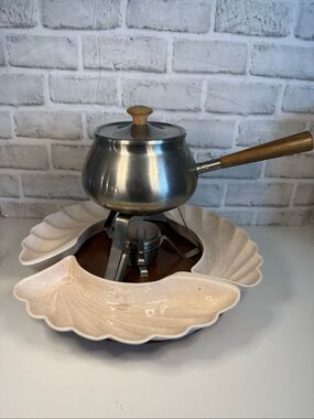 Mid Century Modern Stainless Steel Fondue Set with Lane Ceramic Dishes